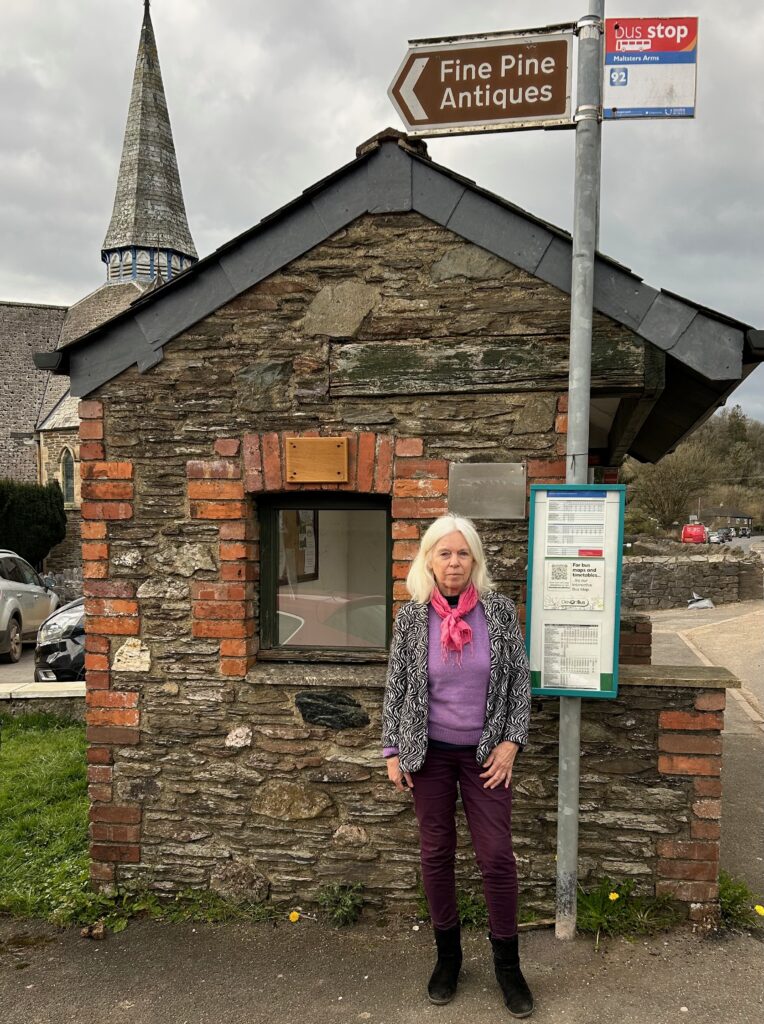 Cllr Jacqi Hodgson stands by a bus stop in Totnes